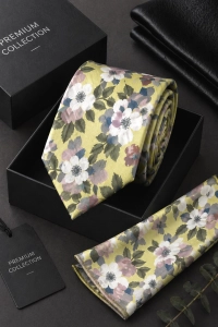 Krawat Męski Elegancki Zestaw z Poszetką klasyczny zielony w kwiaty G680