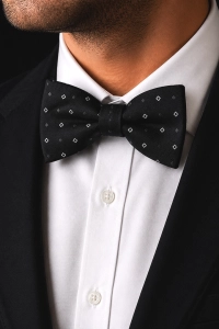 Mucha Muszka Męska Elegancka tradycyjna czarna we wzorki gotowa M472