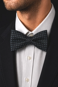 Mucha Muszka Męska Elegancka tradycyjna czarna we wzorki gotowa M442