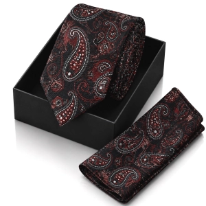 Krawat Męski Elegancki Zestaw z Poszetką klasyczny czarny we wzorki paisley G729
