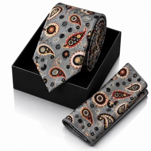 Krawat Męski Elegancki Zestaw z Poszetką klasyczny szary we wzorki paisley G695