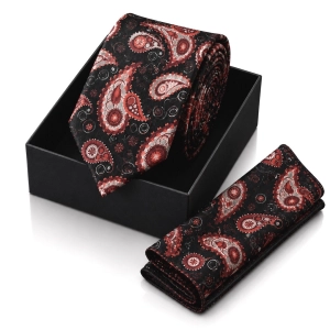Krawat Męski Elegancki Zestaw z Poszetką klasyczny czarny we wzorki paisley G693