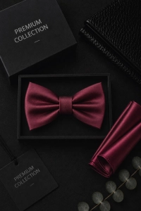 Elegancka Mucha Męska Gotowa Zestaw z Poszetką Gładka Bordowa M228