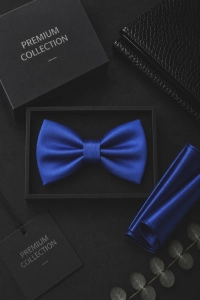 Elegancka Mucha Męska Gotowa Gładka Chabrowa Zestaw z Poszetką M232