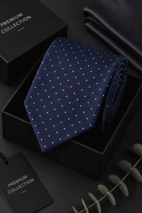 Krawat Męski Elegancki Modny Klasyczny Szeroki Granatowy w Kropki G748