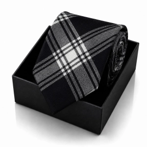 Krawat Męski Elegancki Modny Śledź Wąski Czarny w Kratę G769