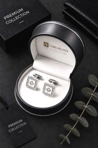 Spinki do Mankietów Koszuli Męskie Eleganckie Srebrne w Pudełku S020
