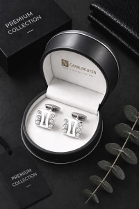 Spinki do Mankietów Koszuli Męskie Eleganckie Srebrne w Pudełku S027