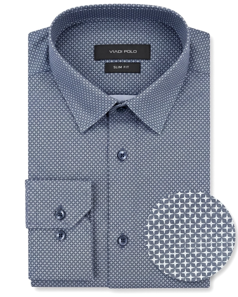 Koszula Męska Elegancka Granatowa we Wzorki Slim Fit Viadi Polo