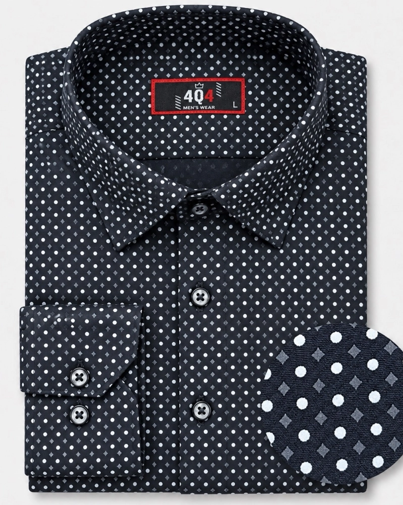 Koszula Męska Elegancka Czarna w Kropki SLIM FIT 4Q4 Men's Wear