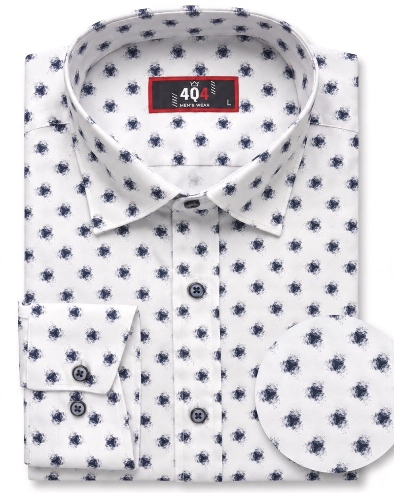 Koszula Męska Elegancka Biała we Wzorki Slim Fit 4Q4 Men's Wear