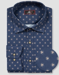 Koszula Męska Elegancka Granatowa we Wzorki Slim Fit 4Q4 Men's Wear L332