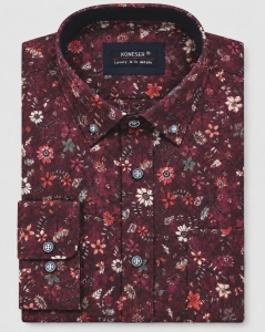 Koszula Męska Elegancka Jedwabna Bordowa w Kwiatki Regular Koneser L345