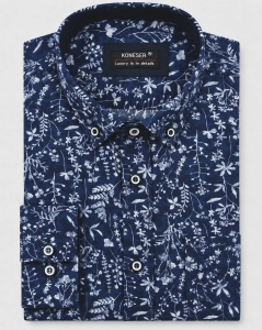 Koszula Męska Elegancka Jedwabna Granatowa w Kwiatki Regular Koneser L347