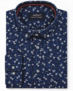 Koszula Męska Elegancka Jedwabna Granatowa w Kwiatki Regular Koneser L348