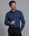 Koszula Męska Elegancka Jedwabna Granatowa w Listki Regular Koneser