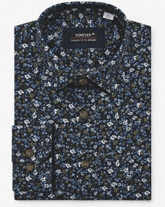 Koszula Męska Elegancka Jedwabna Granatowa w Kwiatki Regular Koneser L352