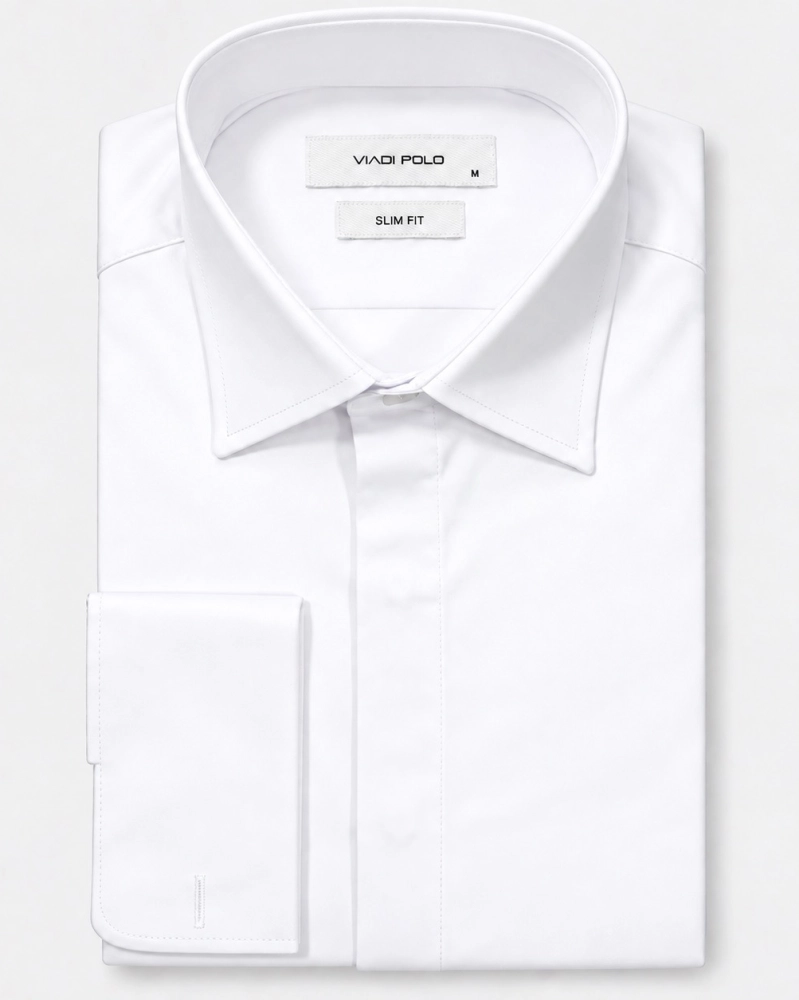 Koszula Męska Elegancka Gładka Biała z Mankietem na Spinki Slim Fit