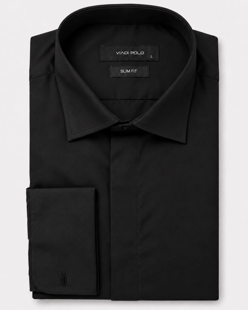 Koszula Męska Elegancka Gładka Czarna z Mankietem na Spinki Slim Fit