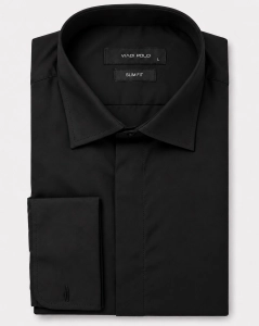 Koszula Męska Elegancka Gładka Czarna z Mankietem na Spinki Slim Fit L405