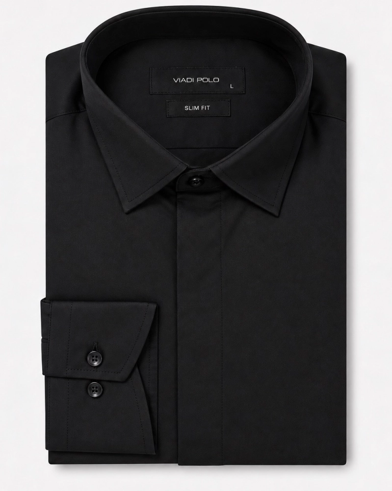 Koszula Męska Elegancka Gładka Czarna Slim Fit Viadi Polo