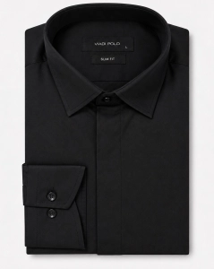Koszula Męska Elegancka Czarna z Krytą Plisą Slim Fit Viadi Polo L408