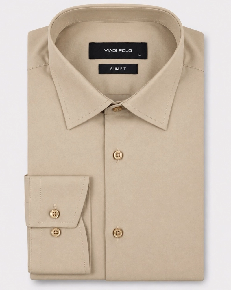 Koszula Męska Elegancka Gładka Beżowa Slim Fit Viadi Polo