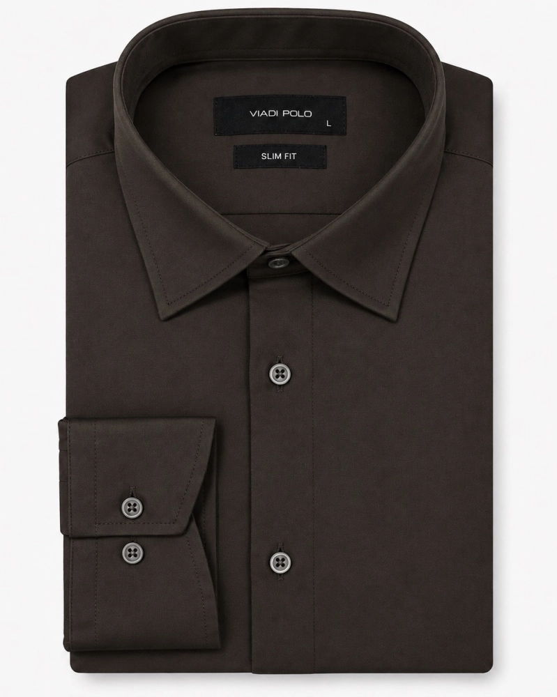 Koszula Męska Elegancka Gładka Brązowa Slim Fit Viadi Polo
