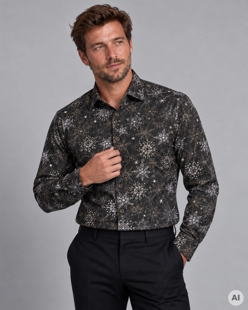 Koszula Męska Elegancka na Święta brązowa z Motywem Świątecznym