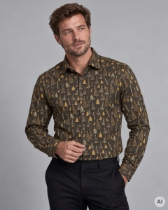Koszula Męska Elegancka na Święta Brązowa z Motywem Świątecznym L040