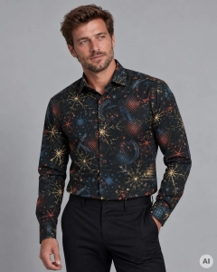 Koszula Męska Elegancka na Święta Czarna z Motywem Świątecznym L041