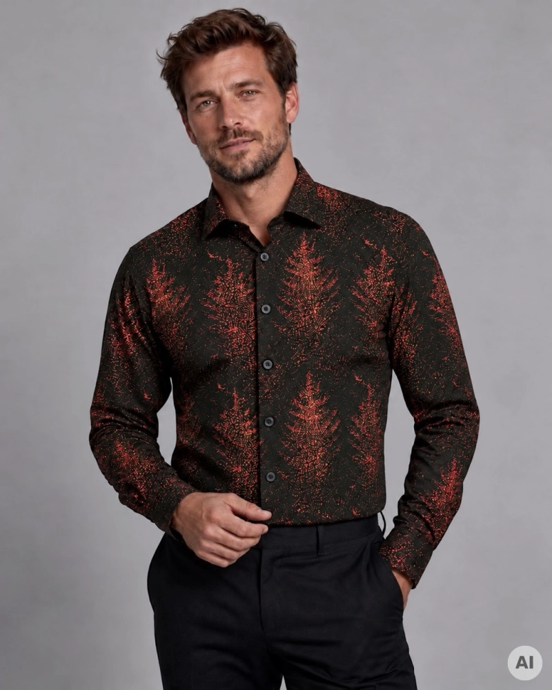 Koszula Męska Elegancka na Święta Bordowa z Motywem Świątecznym