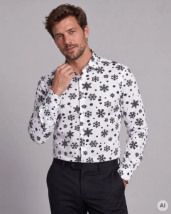 Koszula Męska Elegancka na Święta Biała z Motywem Świątecznym L099
