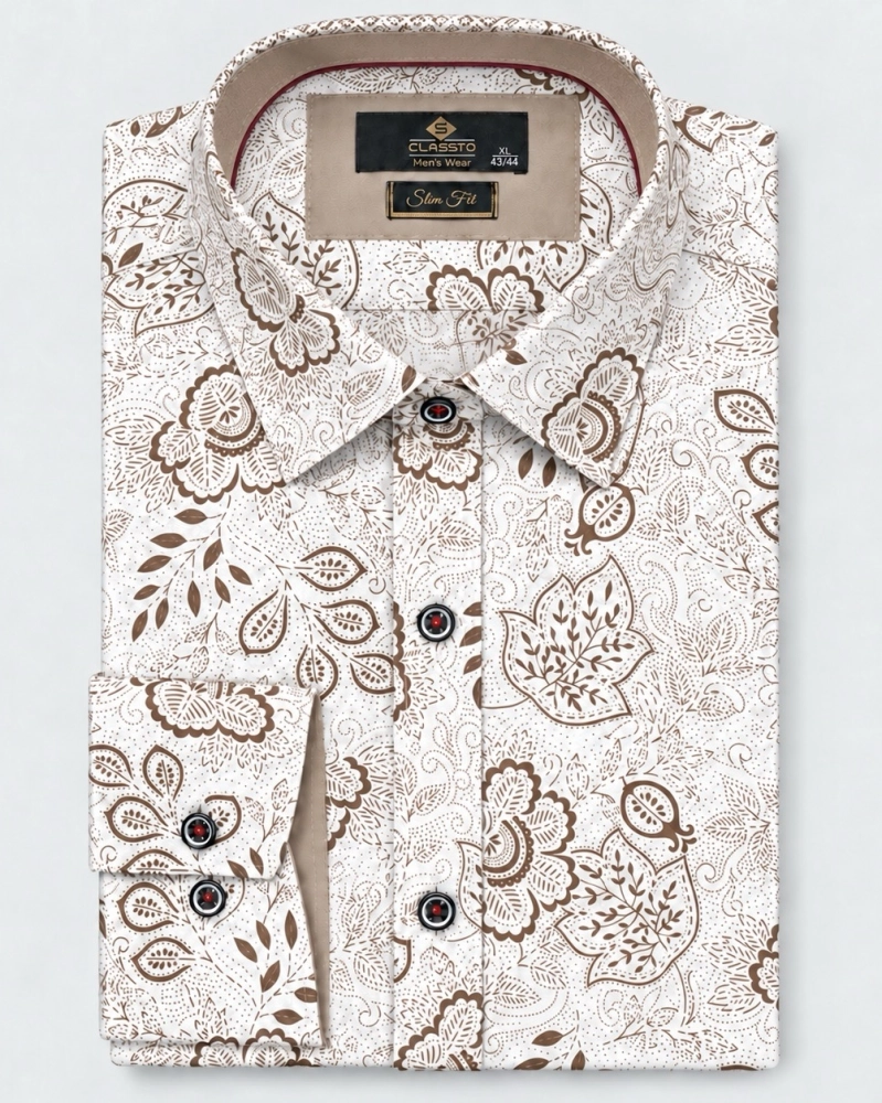 Koszula Męska Elegancka Ecri Ecru we Wzory Slim Fit Classo