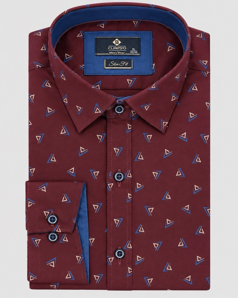 Koszula Męska Elegancka Bordowa we Wzorki Slim Fit Classo