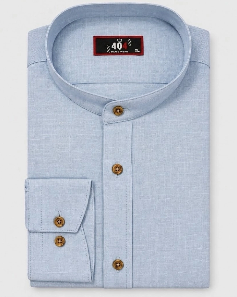 Koszula Męska Lniana Casual ze Stójka Niebieska Slim Fit 4Q4 Men's Wear