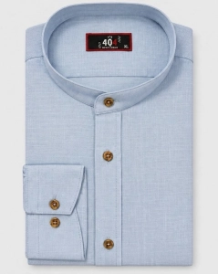 Koszula Męska Lniana Casual ze Stójka Niebieska Slim Fit 4Q4 Men's Wear L465