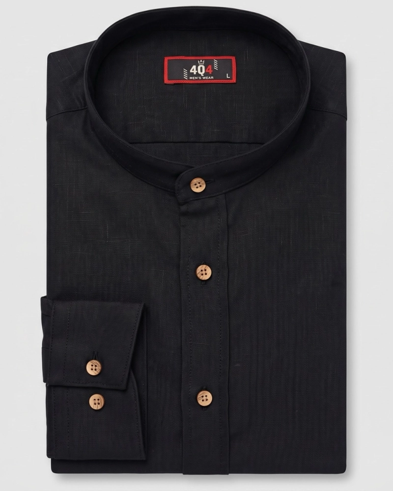 Koszula Męska Lniana Casual ze Stójka Czarna Slim Fit 4Q4 Men's Wear