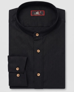Koszula Męska Lniana Casual ze Stójka Czarna Slim Fit 4Q4 Men's Wear L466
