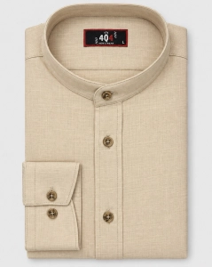 Koszula Męska Lniana Casual ze Stójka Beżowa Slim Fit 4Q4 Men's Wear L467