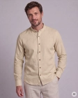 Koszula Męska Lniana Casual ze Stójka Beżowa Slim Fit 4Q4 Men's Wear