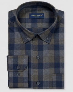 Koszula Flanelowa Męska Casual w kroju Slim Fit Granatowa w Kratkę L469