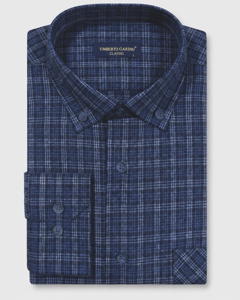Koszula Flanelowa Męska Casual w kroju Slim Fit Granatowa w Kratkę