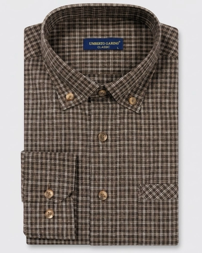 Koszula Flanelowa Męska Casual w kroju Slim Fit Brązowa w Kratkę