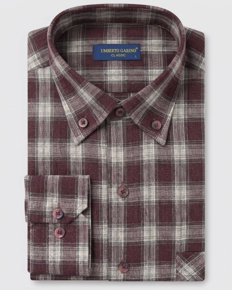 Koszula Flanelowa Męska Casual w kroju Slim Fit Bordowa w Kratkę