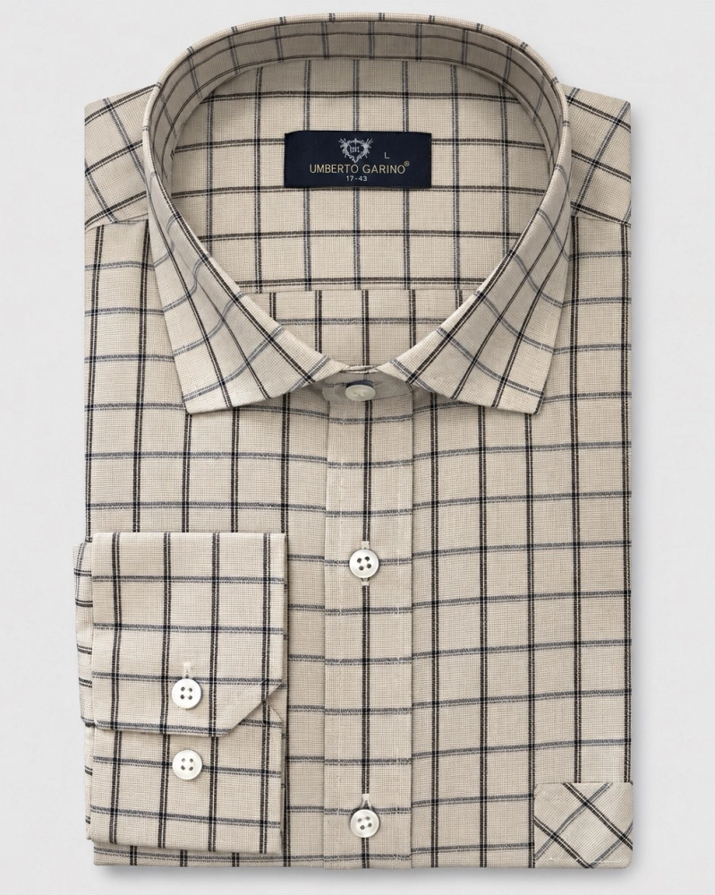 Koszula Bawełniana Męska Casual w kroju Slim Fit Beżowa w Kratkę