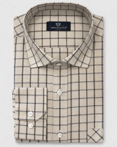Koszula Bawełniana Męska Casual w kroju Slim Fit Beżowa w Kratkę L481