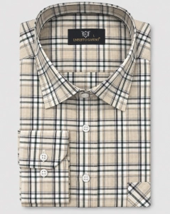 Koszula Bawełniana Męska Casual w kroju Slim Fit Beżowa w Kratkę L482