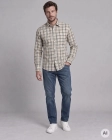 Koszula Bawełniana Męska Casual w kroju Slim Fit Beżowa w Kratkę