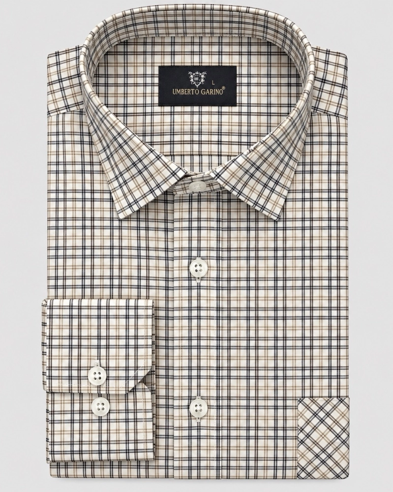 Koszula Bawełniana Męska Casual w kroju Slim Fit Beżowa w Kratkę